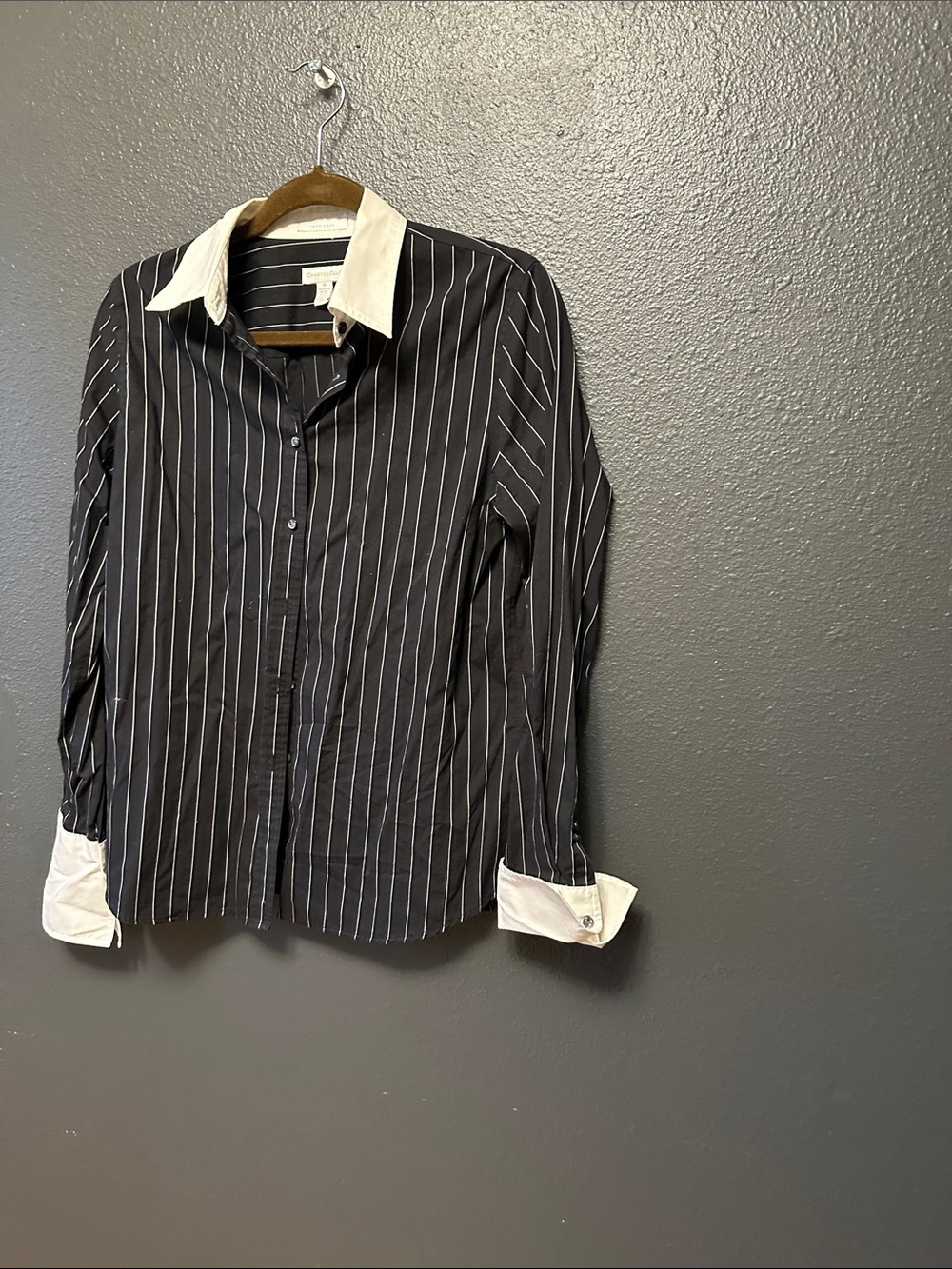 Black Pinstripe Button-Up Shirt with White Collar and Cuffs